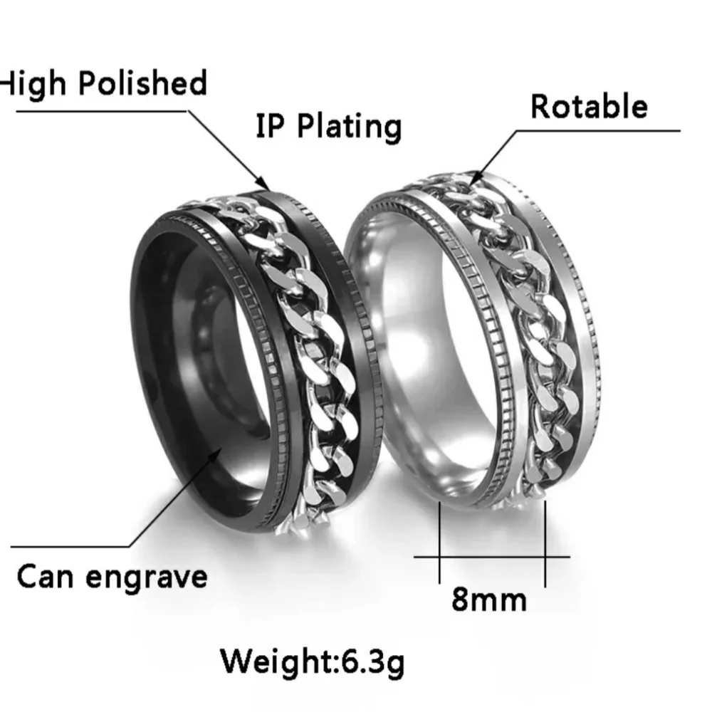 NEW Men's Stainless Steel Spinning Chain Ring Silver and Blue